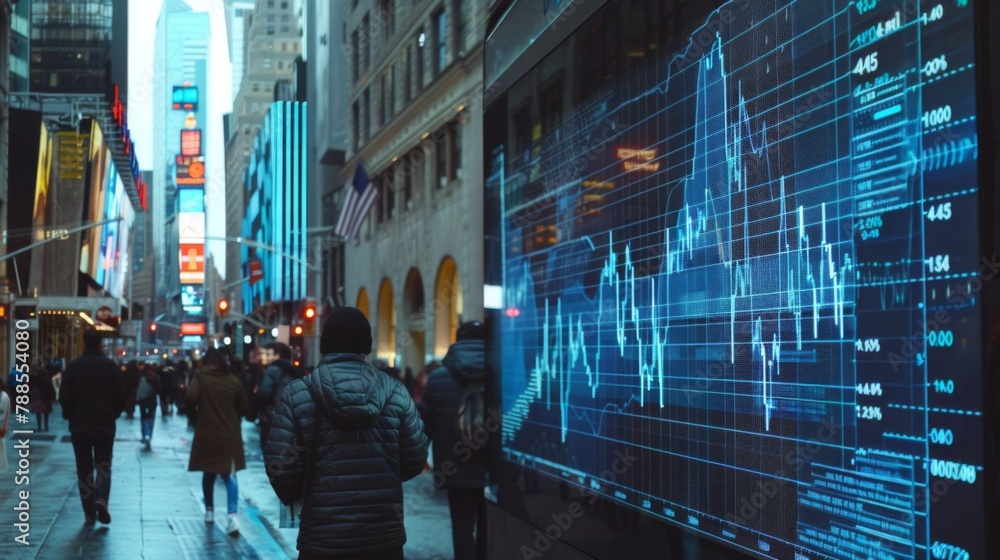 Aufkleber a stock market index chart displayed on a digital billboard in a bustling financial district, reflec