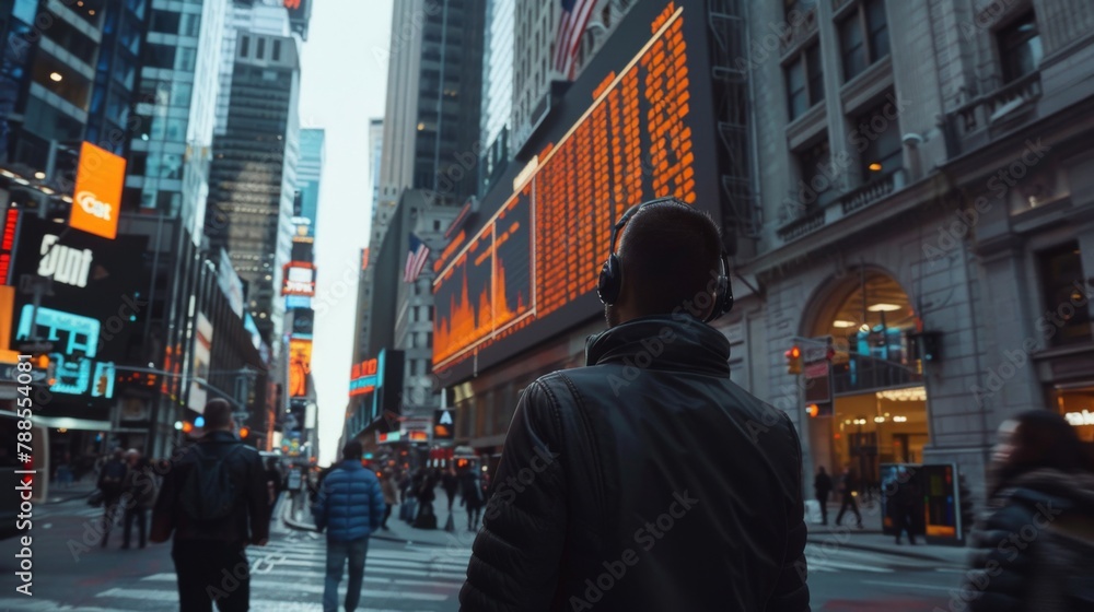 Aufkleber a stock market index chart displayed on a digital billboard in a bustling financial district, reflec