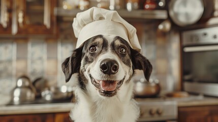 An anthropomorphic dog in a chef hat poses joyfully in a home kitchen setting - obrazy, fototapety, plakaty