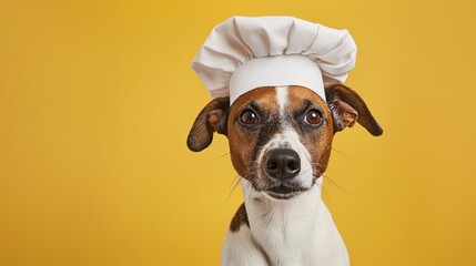 Portrait of an anthropomorphic dog dressed as a chef against a yellow background - obrazy, fototapety, plakaty