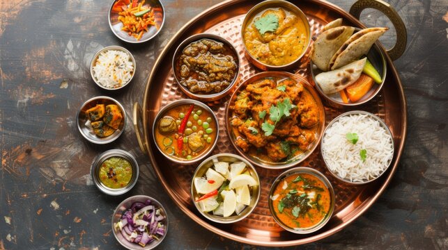 A traditional Indian thali meal arranged beautifully on a copper plate, featuring a variety of vegetarian dishes, chutneys, and pickles, representing the diversity of flavors in Indian cooking.