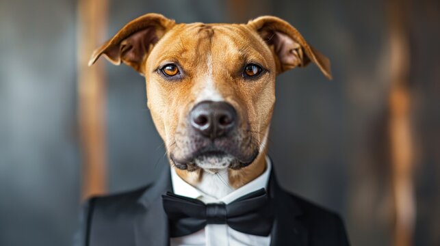 Capturing the sophisticated and stylish business canine elegance in professional corporate attire with a touch of anthropomorphic charm and humor through conceptual photography