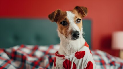 Adorable jack Russell terrier dog wearing cozy plaid pajamas, looking cute and fashionable, anthropomorphic and comfortable, bringing warmth and care to the interior of the home bed and bedroom