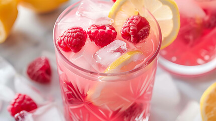 refreshing raspberry lemonade with ice in a cut crystal glass. the glass is set on a white marble...