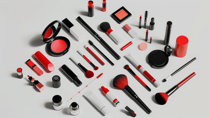  Isometric 3d realistic image of set of make-up cosmetic displaying knolling in neat and clean white background. AI Generative.