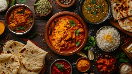 A vibrant Indian feast spread across a table, featuring colorful curries, fragrant rice, and assorted naan bread, tempting the senses with exotic flavors. - obrazy, fototapety, plakaty