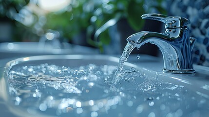 Woan is opening and closing water flow tap and filling sink with water. Water running from chrome faucet. Bathroom plumbing. Using water resources