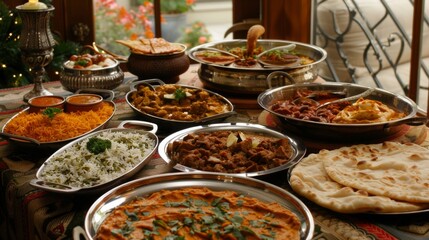 A vibrant Indian feast spread across a table, featuring colorful curries, fragrant rice, and assorted naan bread, tempting the senses with exotic flavors.