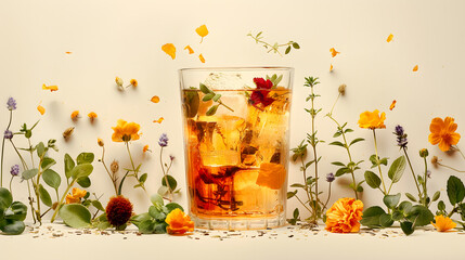 Glass of iced tea with calendula flowers on light background
