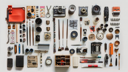 Isometric 3d realistic image of art and painting equipment displaying knolling in neat and clean white background. AI Generative. 