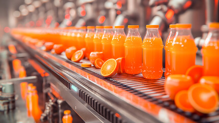 Conveyor belt with bottles of fresh orange juice. Industrial background