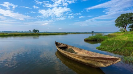 Obraz premium A wooden fishing boat anchored on a serene riverbank, with fishermen preparing their nets for a day of traditional fishing.