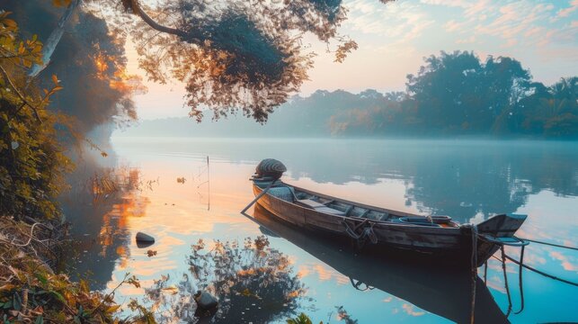 A wooden fishing boat anchored on a serene riverbank, with fishermen preparing their nets for a day of traditional fishing.