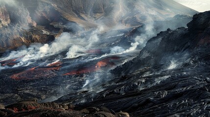 Majestic Volcanic Eruption with Flowing Lava and Smoke