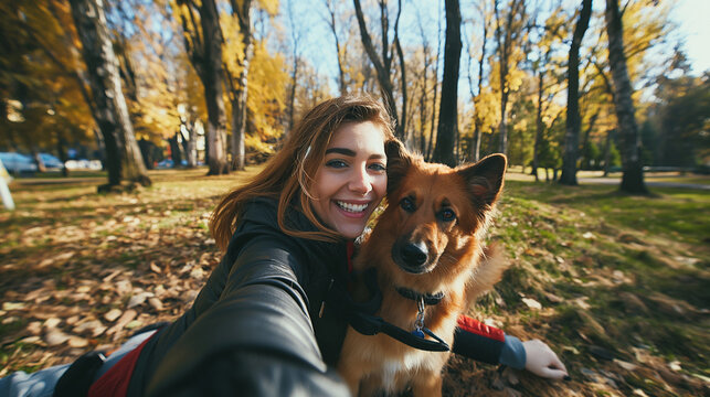 Mulher feliz no parque com seu cachorro no estilo selfie