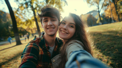 Casal abraçados no parque no estilo selfie