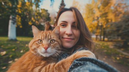 Mulher feliz no parque com seu gato no estilo selfie  - obrazy, fototapety, plakaty