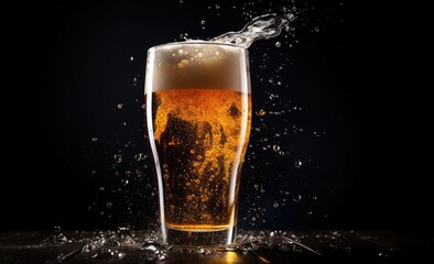Beer splashing out of a glass on a black background. Studio shot.