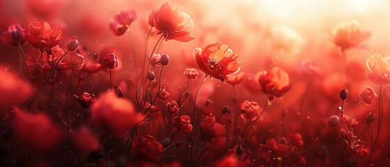Whispers of crimson, soft-focus flowers, dreamy ambiance