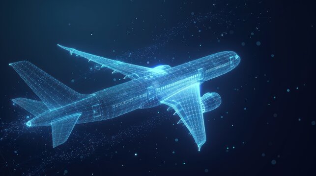 Airplane Jet in Hologram Wire frame Style. AI generated