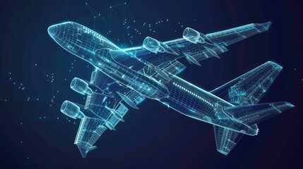 Airplane Jet in Hologram Wire frame Style. AI generated - obrazy, fototapety, plakaty