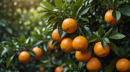 Oranges grow on a tree branches in the old citrus plantation. Great harvest. Harvesting.generative.ai - obrazy, fototapety, plakaty
