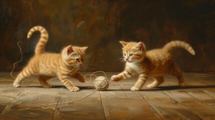 Two playful kittens chasing a ball of yarn across a hardwood floor, their tails raised high in excitement.