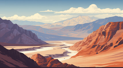 Illustration d'un paysage désertique. Nevada, Utah, USA. La Vallée des morts, Grand Canyon. Montagne, ciel nuageux. Nature, désert, calme. Pour conception et création graphique. - obrazy, fototapety, plakaty