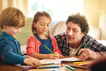 Father, kids and colour pencils for parenthood, fun learning and bonding on holiday or weekend....