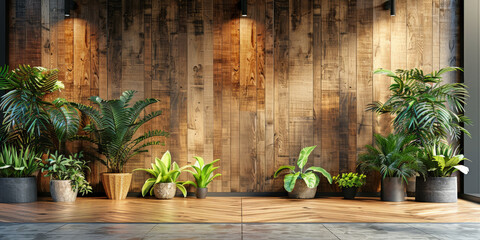empty room with  wooden paneling wall, plants and floor , empty space for product display. Web banner with copy space 