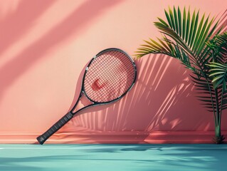 Stylish tennis setting, pastel backdrop, modern sports art