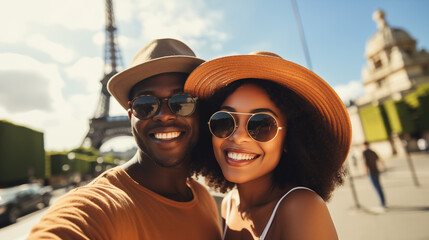 Mixed-race couple taking a selfie during a vacation in Paris 