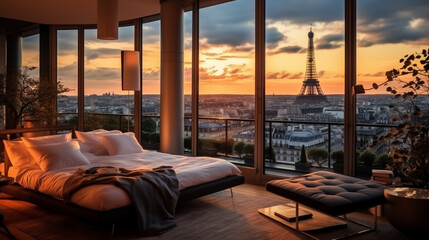 luxury hotel room in Paris, stunning views of the Eiffel tower 