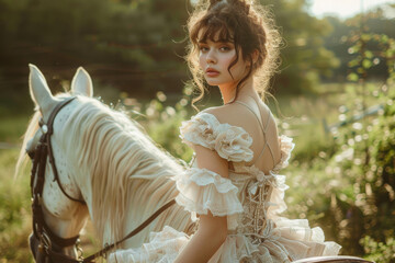 Fototapeta premium Enchanting Victorian Lady on White Horse in Sunlit Meadow