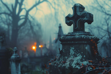 Mysterious Foggy Cemetery Scene at Dusk with Vintage Cross Tombstone - obrazy, fototapety, plakaty