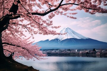 Picturesque Sakura tree and big mountains. Fantasy scenery. Generate Ai