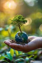 Hand Holding Miniature Globe with Tree: Concept of Eco-Friendly Earth