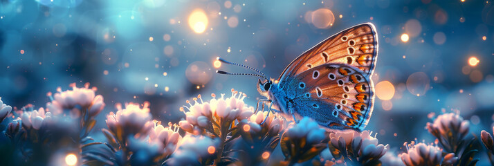 Enchanting Butterfly Perched on Blooming Flowers in Dreamy Blue Hues - obrazy, fototapety, plakaty