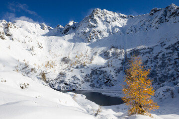 Beautiful small alpine lake in winter season landscape