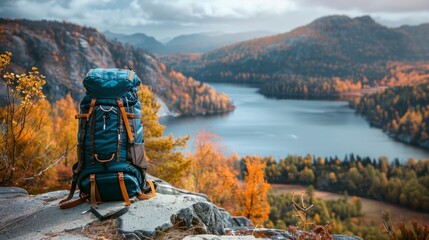 beautiful TRAVEL backpack ON A STONE and a beautiful landscape of a lake surrounded by mountains in autumn in high resolution and quality - obrazy, fototapety, plakaty