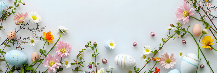 Easter frame displayed with spring flowers and eggs on a white background