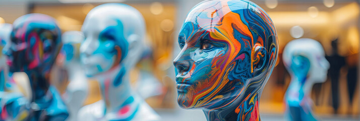 Colorfully Painted Mannequin Heads Display Against Blurry Background - obrazy, fototapety, plakaty