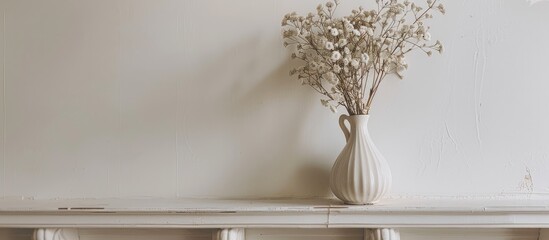 A vase with flowers sits on a decorative shelf against a white wall.