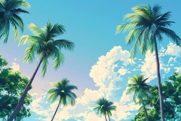 Fototapeta na wymiar Palm trees sway gracefully under a clear blue sky, their silhouettes etching a tropical scene..