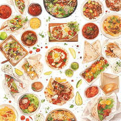Mexican food pattern on white background colorful assortment of food on a table, including rice, tacos, and a variety of vegetables