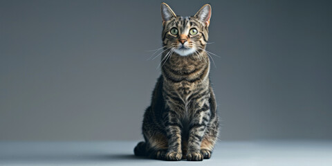 Majestic Tabby Cat Posing with Alert Expression on Grey Background