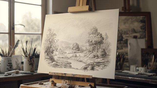 Completed pencil drawing of a landscape on a wooden easel, Detailed view of the artwork, Artist's studio background