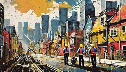 A graffiti design art of construction workers for the concept of Labor Day - obrazy, fototapety, plakaty