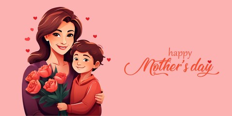 illustration of joyous celebration of Happy Mother's Day, mother holding baby surrounded by flowers - Powered by Adobe