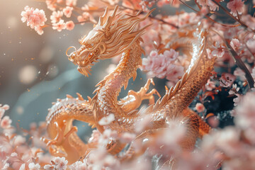 Majestic Golden Dragon Amidst Blossoming Sakura